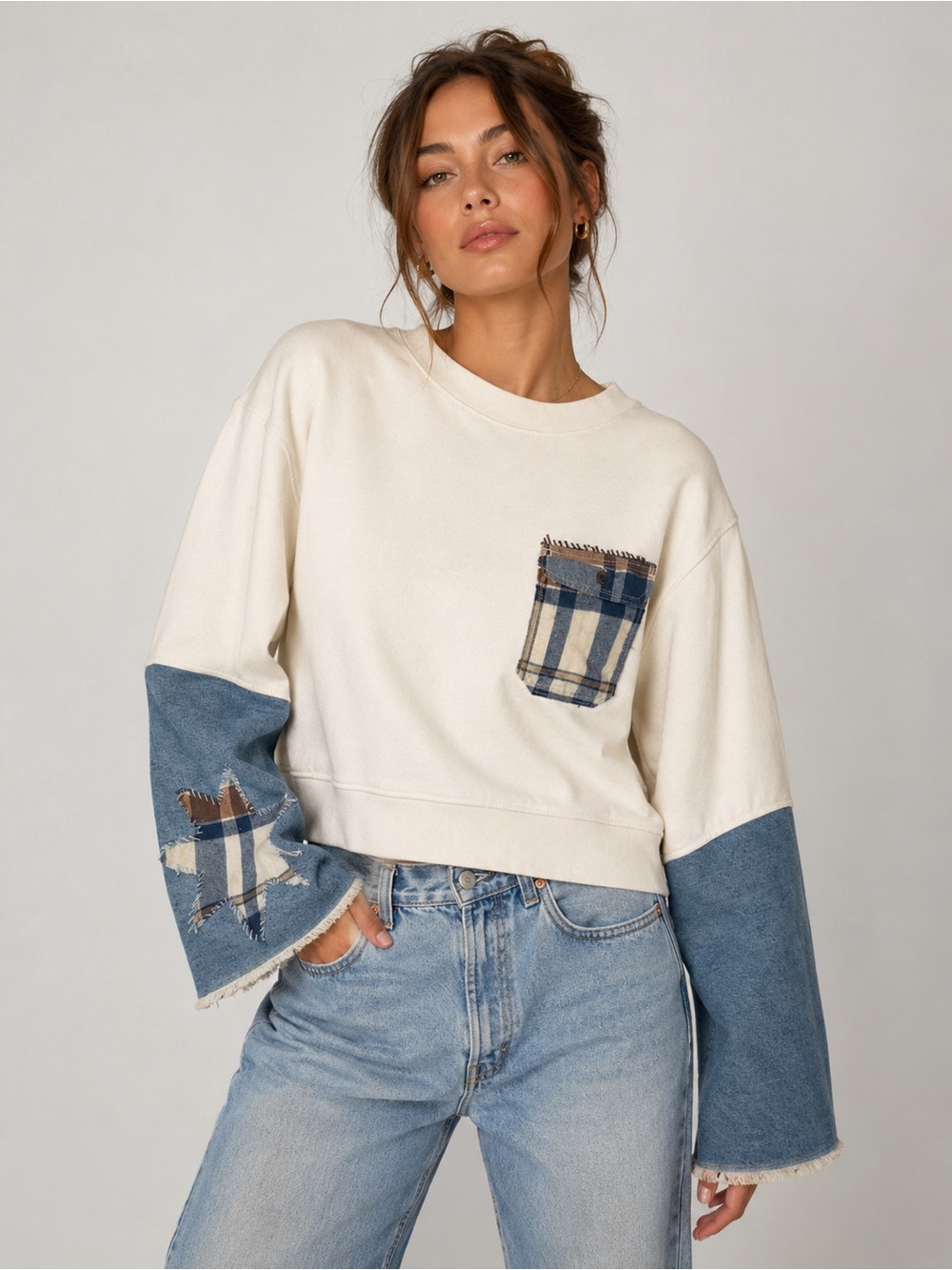 Upcycled Levi’s Made & Crafted Patchwork Denim Sleeve Star Sweatshirt XL Flannel